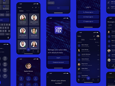 Design concept for the CRM mobile app app contacts crm crm application customers dark blue dark mode dial interface design ios app log in log in with phone messages mobile app mobile application new contact phone call team texts ui