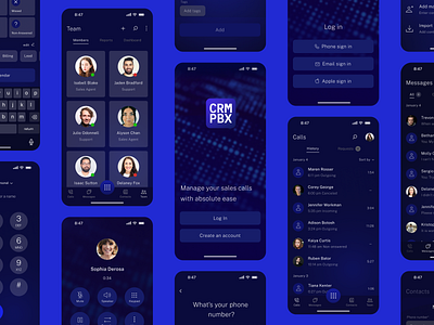 Design concept for the CRM mobile app app contacts crm crm application customers dark blue dark mode dial interface design ios app log in log in with phone messages mobile app mobile application new contact phone call team texts ui