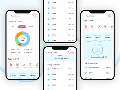 Water Intake Mobile App add drink goal design drink drink goal drink intake analysis drink records drink water health app health care health care app health record mobile app mockup ui ux visual design water history water intake
