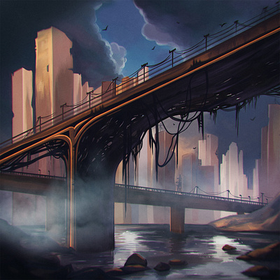Разрушенный мост 2d fantasy illustration
