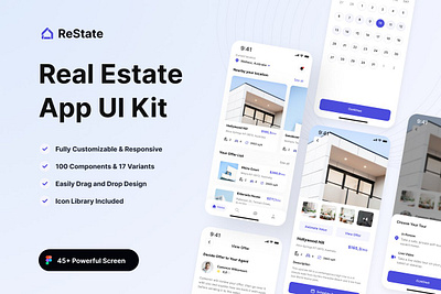 Restate - Real Estate Mobile App apartment apps estate figma finder home housing icon library mobile apps mobile ui kit real estate rent responsive design restate real estate mobile app ui kit ui ux