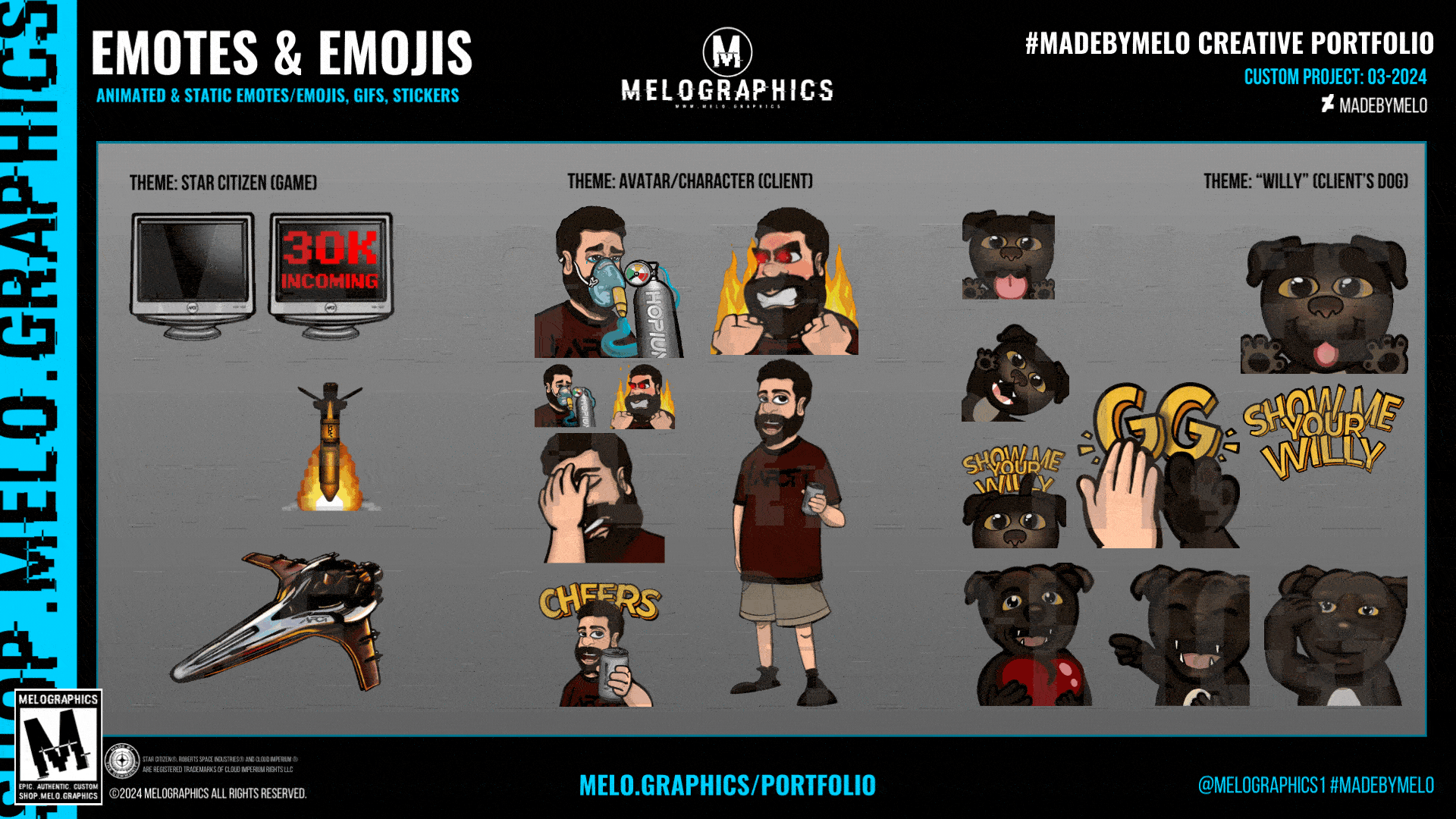 Custom Emotes & GIFs | #MadeByMELO Creative Portfolio 2024 2d animation art avatar cartoon character design digital art discord dog emojis emotes gif graphic design illustration madebymelo procreate star citizen streamer twitch