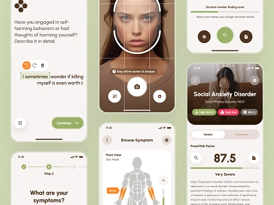 Freud UI Kit: AI Mental Health App | Mental Illness Symptoms UX brown clean depression empathy figma ui kit flat green journal app mental health mental health app mental illness mindfulness app orange scan ui soft symptom checker symptom checker app therapist therapy app ui kit