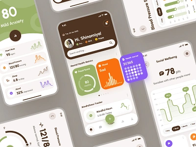 Freud UI Kit: AI Mental Health App | Mindfulness Metrics UI/UX ai mental health chatbot ai mental health companion ai therapy chatbot brown clean depression figma ui kit flat green journal app mental health mental health app mental health metrics mindfulness app minimal modern mood app stress app therapy app ui kit