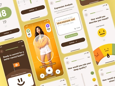 Freud UI Kit: AI Mental Health App | Health Assessment UIUX ai mental health app ai mental health chatbot ai mental health companion assessment brown clean green health assessment mental health mental health app mental health assessment mental health ui mood app mood tracker onboarding ui orange soft stress app therapy app yellow