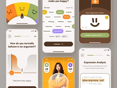 Freud UI Kit: AI Mental Health App | Onboarding & Assessment UI brown chart clean figma ui kit green health assessment mental health mental health app mental health assessment mental health ui minimal mobile app mood app onboarding orange questionnaire scan ui soft therapy app ui kit