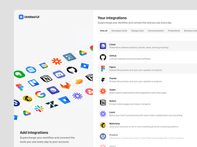 Your integrations — Untitled UI apps connect integrations integrations marketplace onboarding product design sign up signup tabs ui design user interface