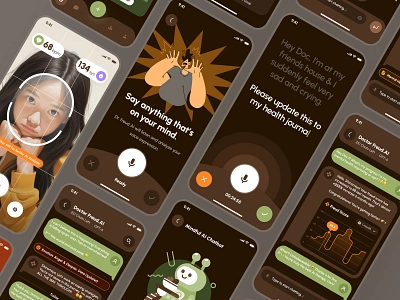 Freud UI Kit: AI Mental Health App | Mindful AI Companion UIUX ai chatbot app ai companion app ai therapy chatbot app brown chat ui dark mode green meditation app mental health mental health app mindfulness app mood app orange scan ui soft sound ui stress app therapy app ui kit virtual care