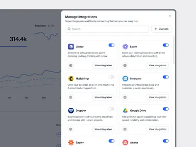 Manage integrations — Untitled UI cards integrations minimal minimalism modern ui product design search settings slideout toggle ui ui design user interface