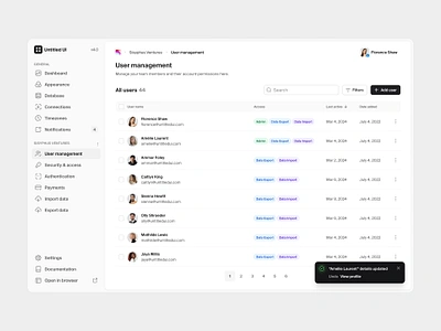 User management — Untitled UI minimal modern ui nav navbar navigation notification preferences product design search settings side nav sidenav table team management ui ui design user interface user management users