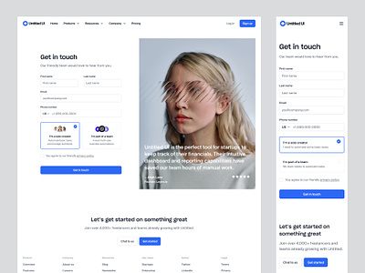 Get in touch — Untitled UI blue contact page contact us form get in touch minimalism modern onboarding product design quote social proof testimonial user interface web design