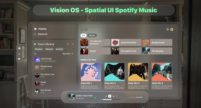 VisionOs - Spatial Spotify Music UI Design app app design apple design branding graphic design illustration ios app ios design landing page design mobile app design product design spatial design ui ui design uiux ux design vector visionos design visionpro design