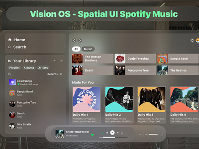 VisionOs - Spatial Spotify Music UI Design app app design apple design branding graphic design illustration ios app ios design landing page design mobile app design product design spatial design ui ui design uiux ux design vector visionos design visionpro design