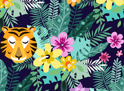 Funny tiger and tropical leaves, flowers animals floral graphic design illustration jungle monstera palm patterns seamless pattern tiger vector