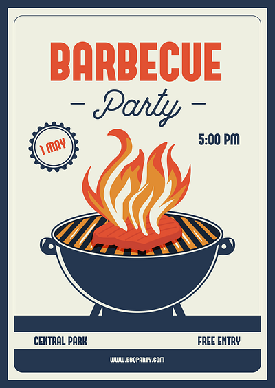 BBQ party poster art banner barbecue bbq party bonfire branding camping design firewood graphic design grill illustration meat picnic poster rest retro spring vintage