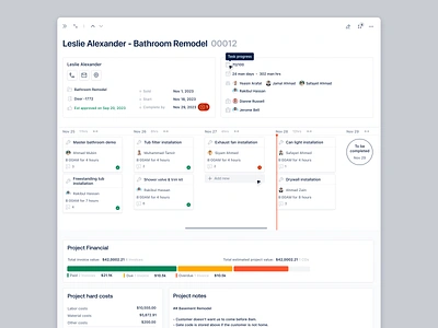 Construction Management SaaS Web App card view complex saas web app construction management expand view hard cost high level project information note project details project financials project information project kanban view service app timeline ux redesign