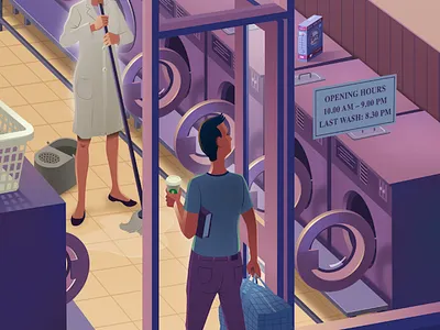 Last Wash cartoon england illustration launderette laundry london romance washing
