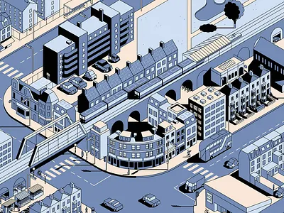 Isometric London scene aerial view bus england illustration isometric london railway street train
