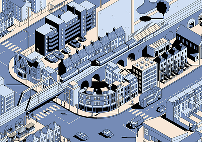 Isometric London scene aerial view bus england illustration isometric london railway street train