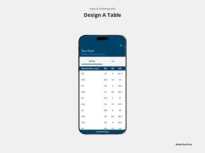 Daily UI Challenge #53 design mobile design mobile table size chart small table table tabs ui uichallenge ux uxdesigner uxui