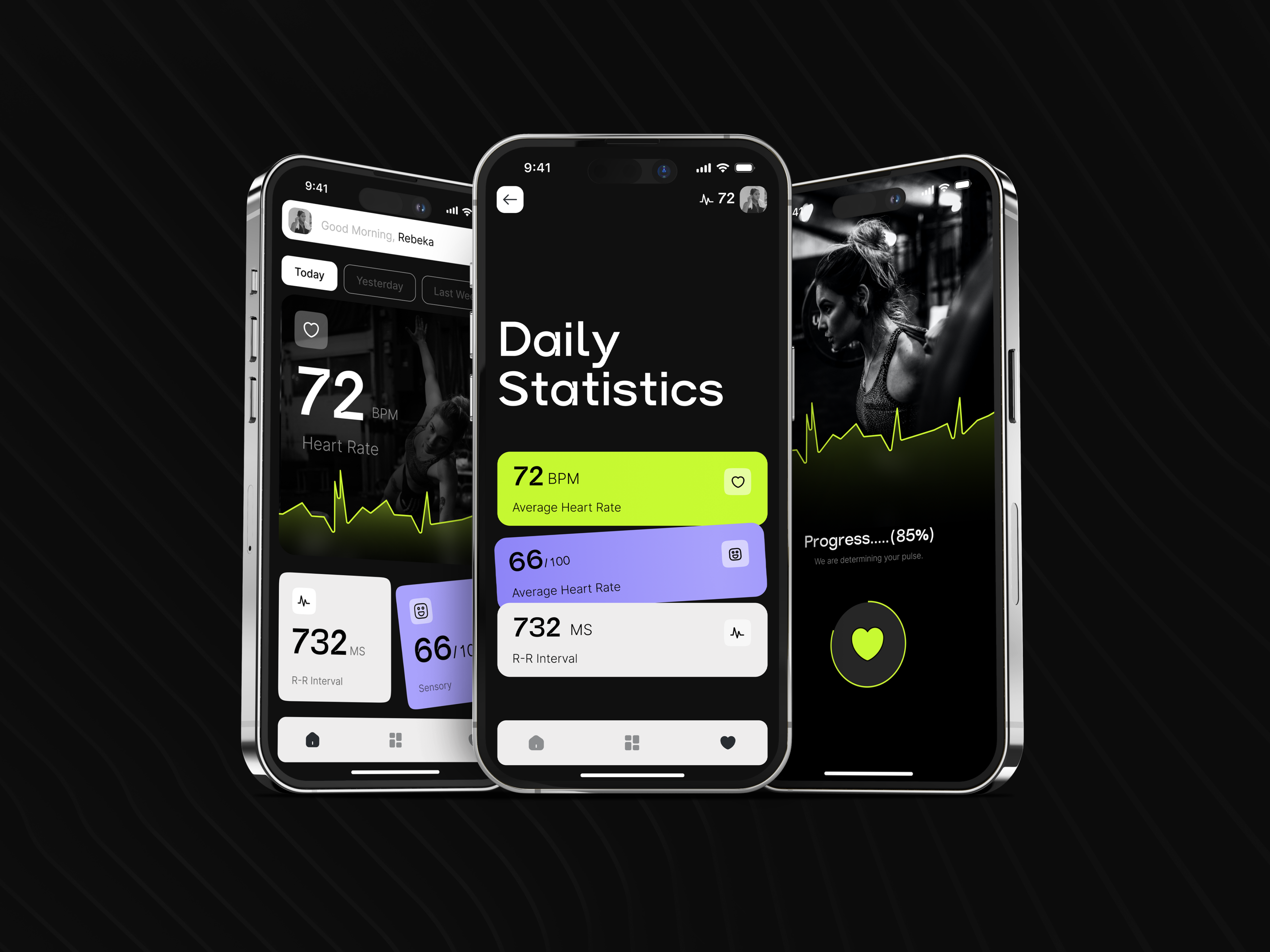 Fittness Monitering app branding dark dark theme fittness health app mobile app neon trends ui ux uxux