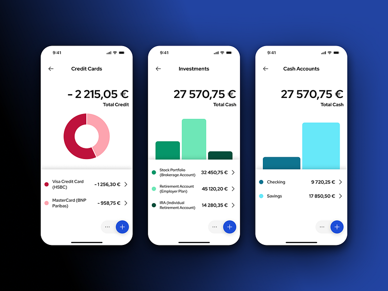 Credit Cards, Investments, Cash Accounts account app bank banking budget card cash chart credit design digital investment mobile product ui ui design uiux ux