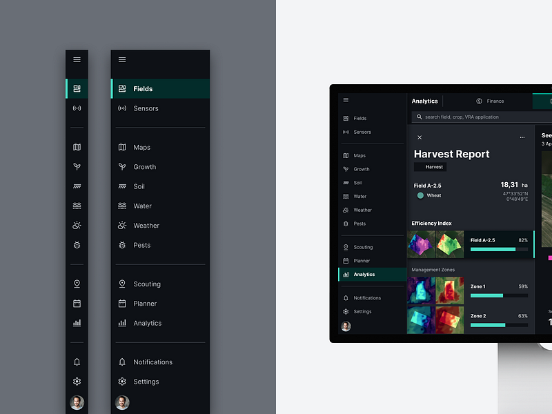 Navigation Menu & Analytics agri agriculture analytics app bar dark data design digital innovation menu navigation product saas theme ui ui design uiux ux vizualisation