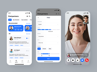Language Learning Mobile App call chat conversation design english english learning interface learning mobile mobile interface online people practise ui uiux design ux video video call