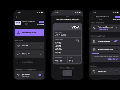Tybr : Manage Credit Cards app bank banking card credit dark design detail digital finance fintech mobile product settings ui ui design uiux ux visa