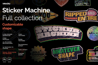 Sticker Machine Full Collection adhesive badge branding button curl design die cut glossy label logo paper photoshop pin realistic seal sticker machine full collection vinyl