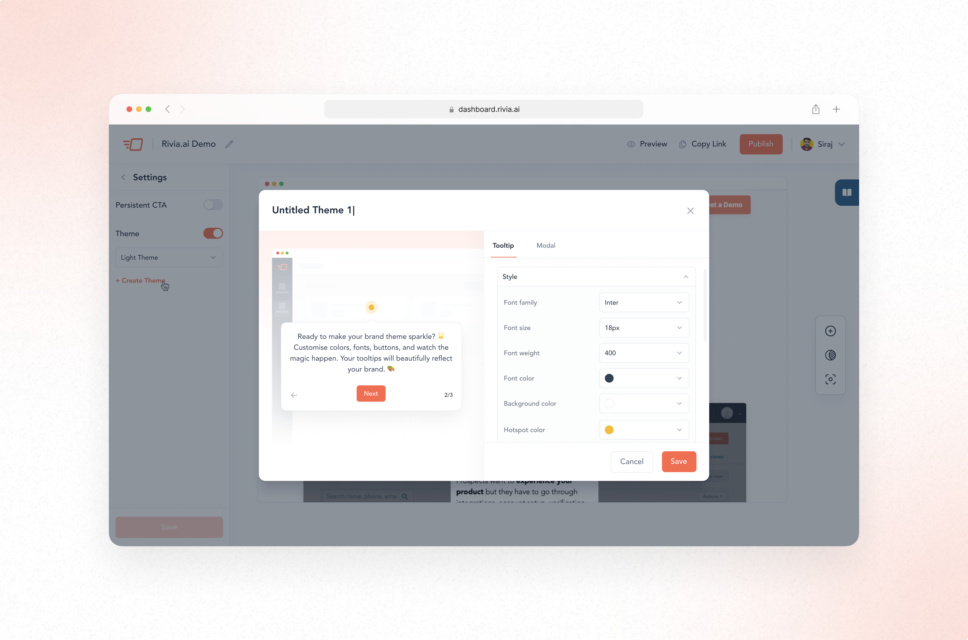Custom theme for Tooltip and Modal Interactive demo b2b brand kit custom theme design modal product design saas theme tooltip ui uiux ux uxdesign webapp