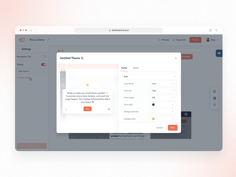 Custom theme for Tooltip and Modal Interactive demo b2b brand kit custom theme design modal product design saas theme tooltip ui uiux ux uxdesign webapp