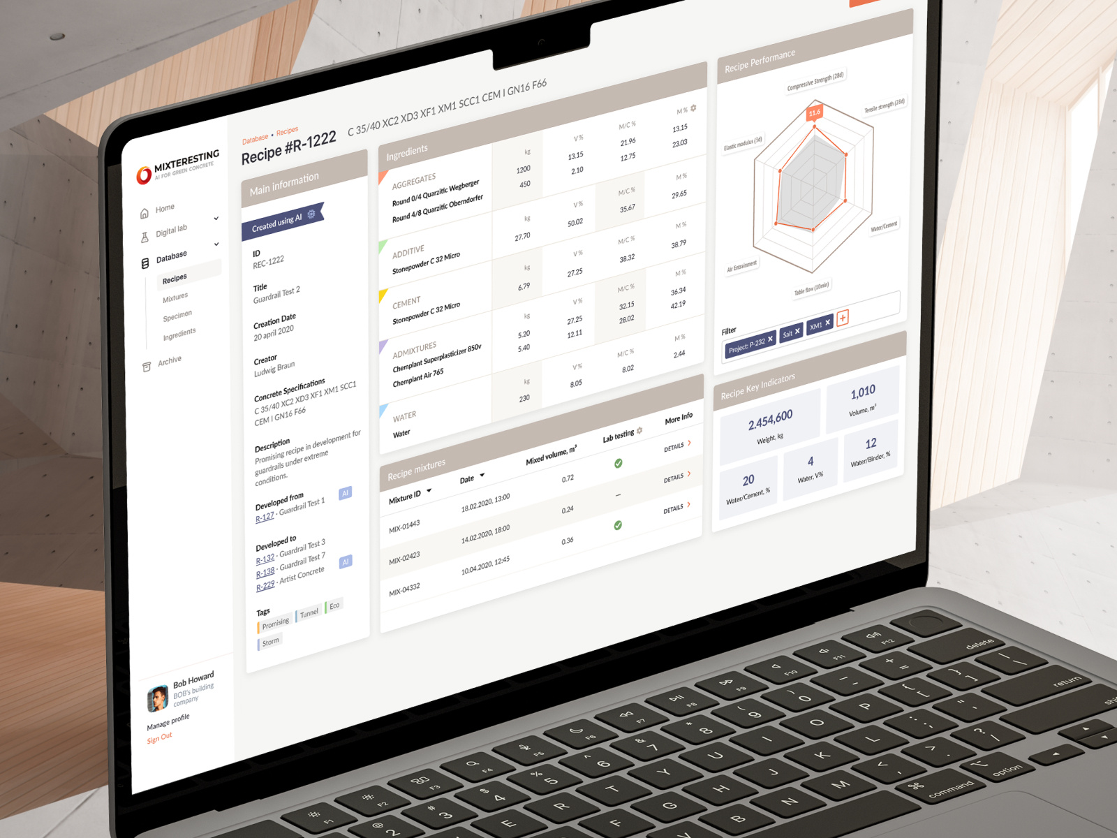 Example of UI for Concrete mix AI system