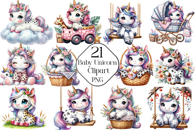 Watercolor Cute Baby Unicorn Clipart greeting