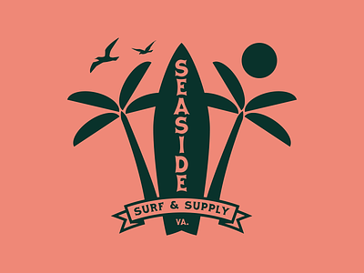 Seaside Surf & Supply Co. Graphic apparel beach branding design graphic design identity illustration logo mark palm trees supply surf surfboard virginia