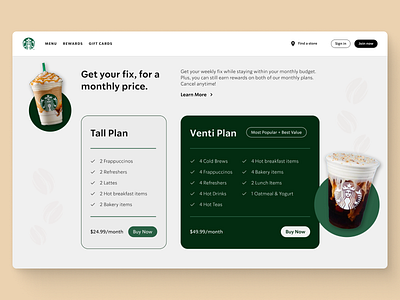 Starbucks Monthly Plan Concept - Pricing Page UI figma landing page design pricing page site concept starbucks concept ui web design