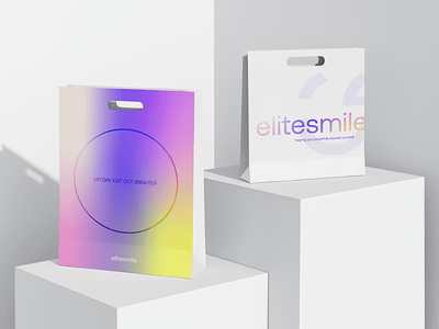 Elitesmile Product Bags 3d bag branding circle dental gradient oral packaging physical pink purple sans serif shipping smile sweden usa v34 white yellow
