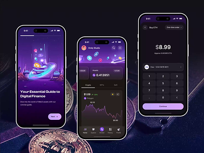 Honest - Blockchain Wallet Mobile App Interaction 🤝 animation app blockchain crypto design futuristic illustration mobile motion graphics orely purple ui wallet web3