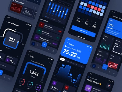 asklepios: AI Healthcare & Wellness App | Smart Health Metrics ai healthcare companion blood pressure blue dark mode figma ui kit fitness app health metrics health tracker app healthcare healthcare app heart rate ios app jogging app medical app minimal modern nutrition app ui kit virtual care wellness app