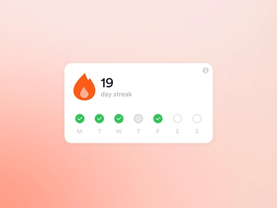 app ui streak card - simplified 1/2 app card check complete days design flame gradient icon info learning streak tick today ui ux week