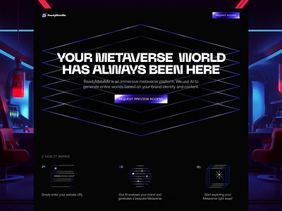 ReadyMetaMe Website ai auth cyberpunk dreamy figma futuristic generation gradient grain hero icons illustration metaverse midjourney neue machina noise purple sign up vindar web design