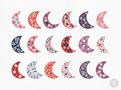 Floral Moons celestial design floral flower folk hand drawn illustration magic magical moon moon clipart mystical stars vector