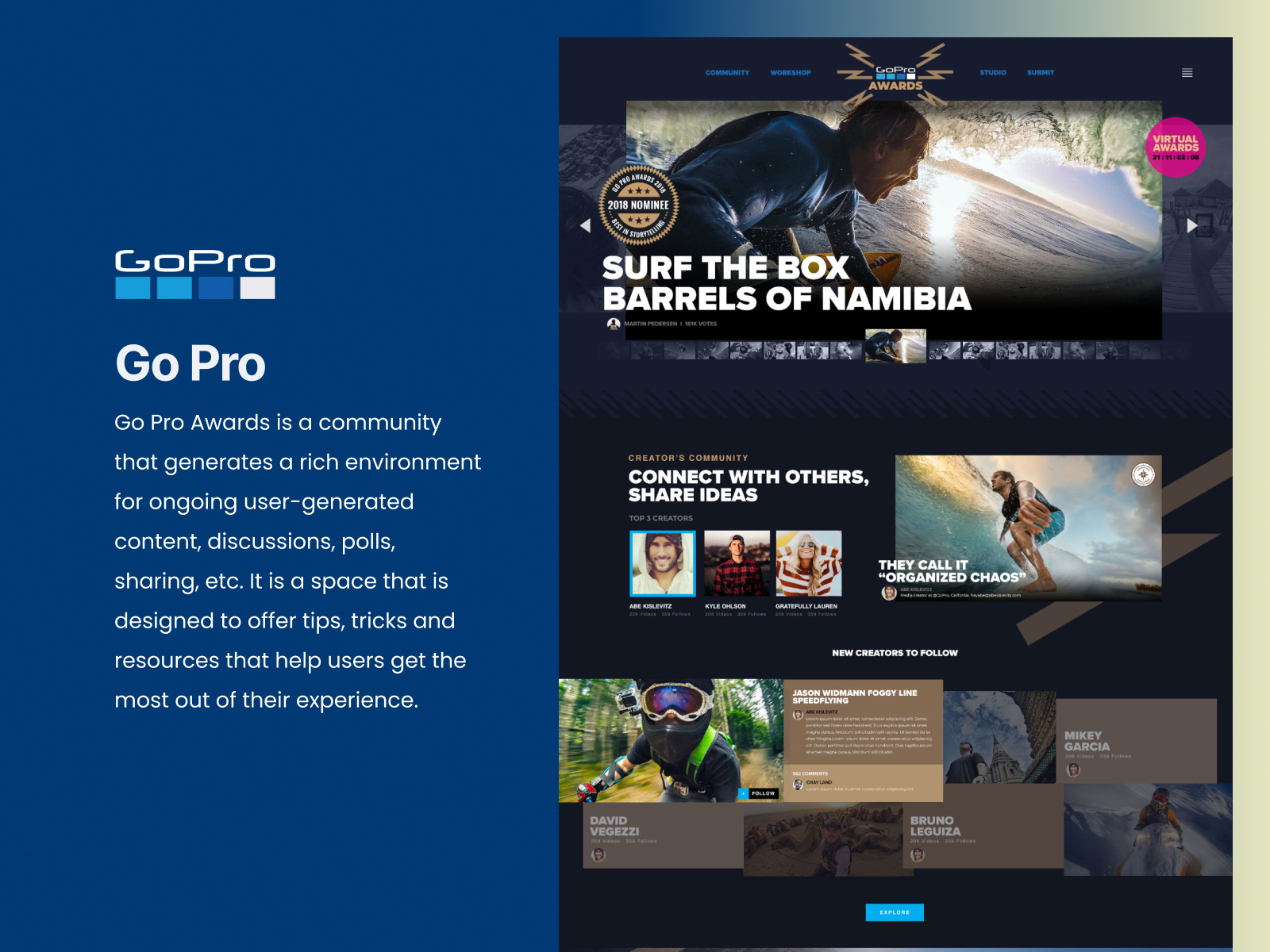 Go Pro Awards Landing Page 360 video app app design awards branding camera design event landing page events go pro graphic design landing page design motion graphics product design sports surfing ui ux