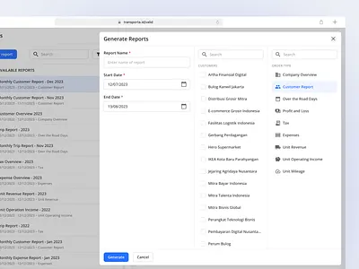 Generate Report - Transporta b2b dashboard logistic report saas shipping tax trucking ui ux web app webapp