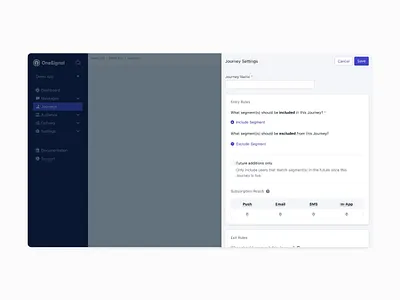 Animated Journey Settings animation journey onesignal product design segments settings ui