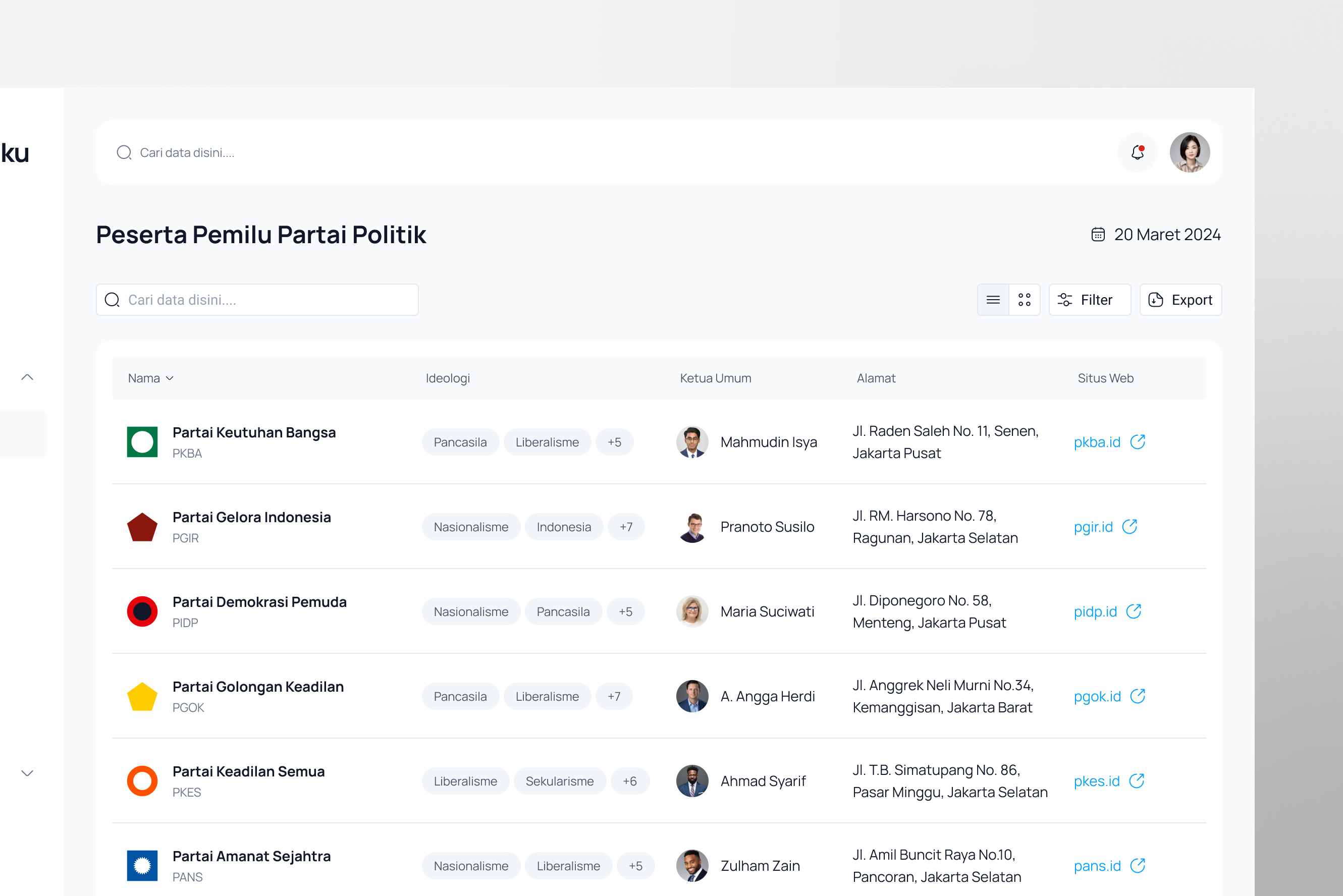 KawalSuaraKu - List - Partai Politik analytics calculation chart clean crm dashboard design election filter graph list management minimalist product design saas ui ux votes voting