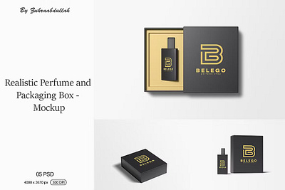 Perfume And Packaging Box - Mockup bottle box branding cosmetic deodorant fashion female fragrance logo luxury mock up mockup package packaging perfume photoshop product