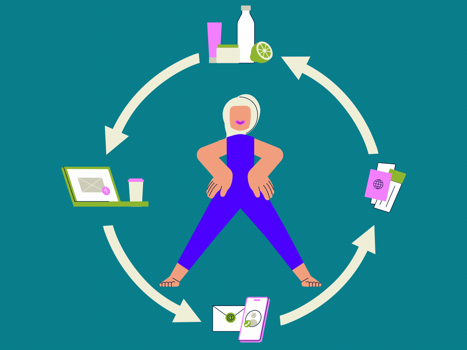 Woman maintaining healthy work-life balance 2d animation day routine health healthy food hobbies illustration job lifestyle motion graphics motivated multitasking productivity social media detox sporty person travel vacation work work life balance yoga pose