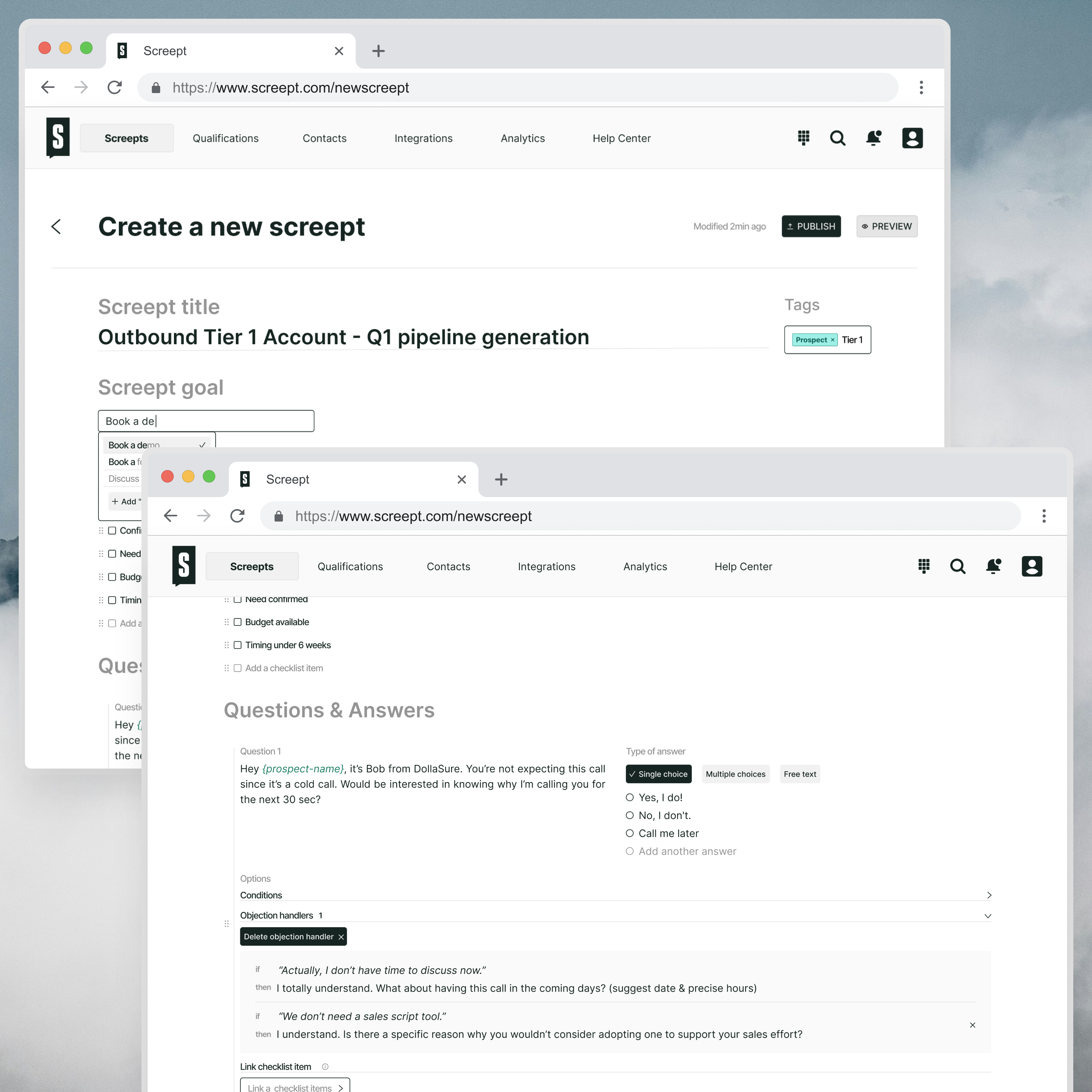 Sales script content creation app b2b b2b software design panel product design saas saas design sales enablement software software design ui webapp design