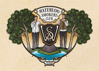 Waterloo Smokers Club badge engraving handdraw illustration logo scratchboard vintage